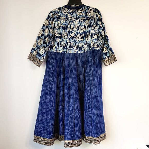 BIBA Kurta Tunic Maxi Dress Women Sz 38 Blue Gold Floral Print V Neck Lined - Picture 3 of 13
